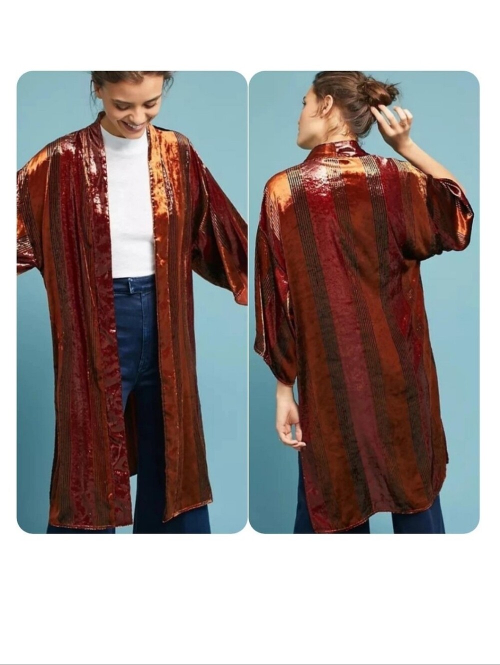 Anthropologie Ett:twa Longline Velvet Kimono Jacket burnt Orange M/L